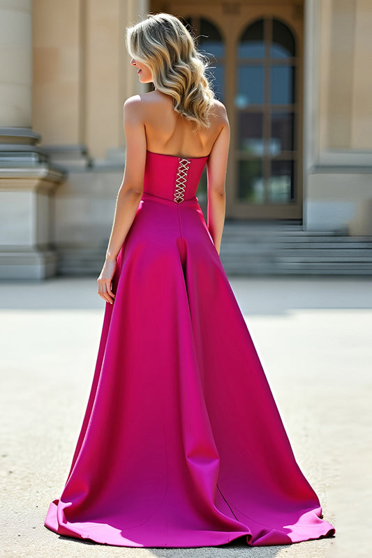 Satin Fuchsia A Line Sweetheart Long Prom Dress with Slit