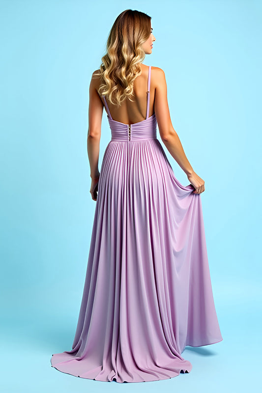 Pleated Long Elegant Lilac A Line Chiffon Bridesmaid Dress with Slit
