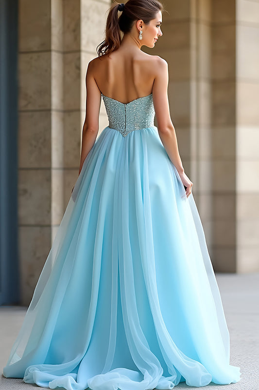 Sweetheart Beaded Light Blue A Line Long Prom Dress with Slit