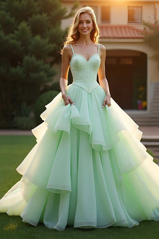 Green Ball Gown Spaghetti Straps Long Prom Dress