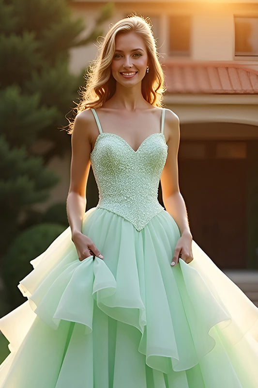 Green Ball Gown Spaghetti Straps Long Prom Dress