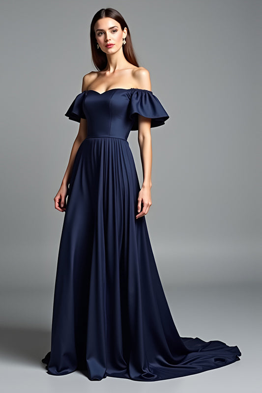 Beaded Navy Off The Shoulder A Line Long Formal Dress