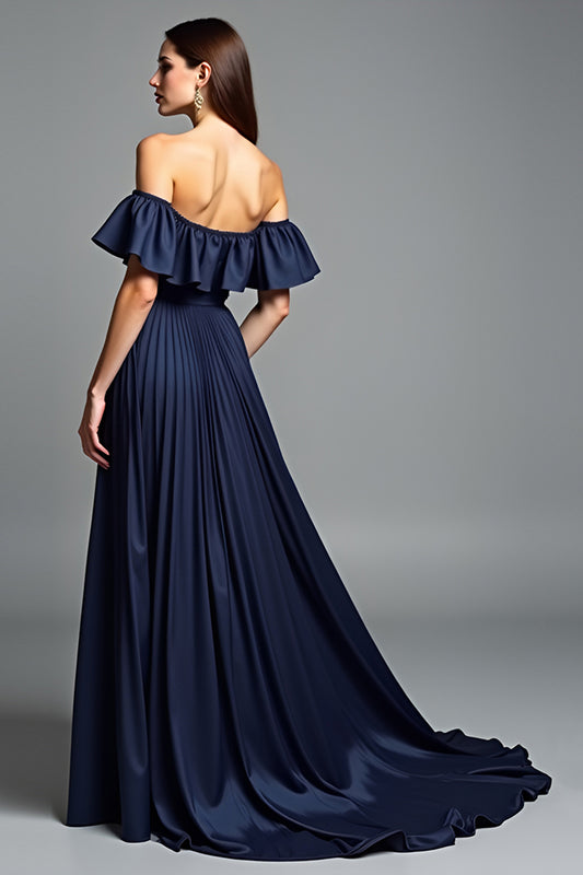Beaded Navy Off The Shoulder A Line Long Formal Dress
