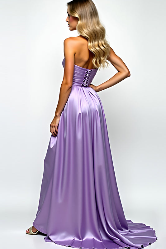Ruched Purple Strapless Long Prom Dress with Slit