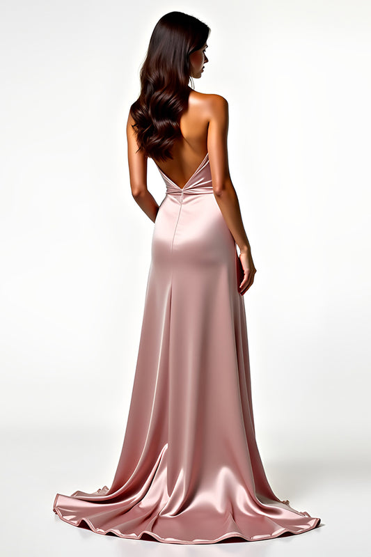 Blush Halter Neck Backless Long Prom Dress with Slit