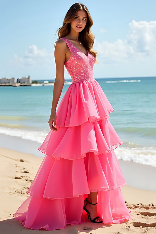 A Line Hot Pink Beaded Tiered Long Prom Dress