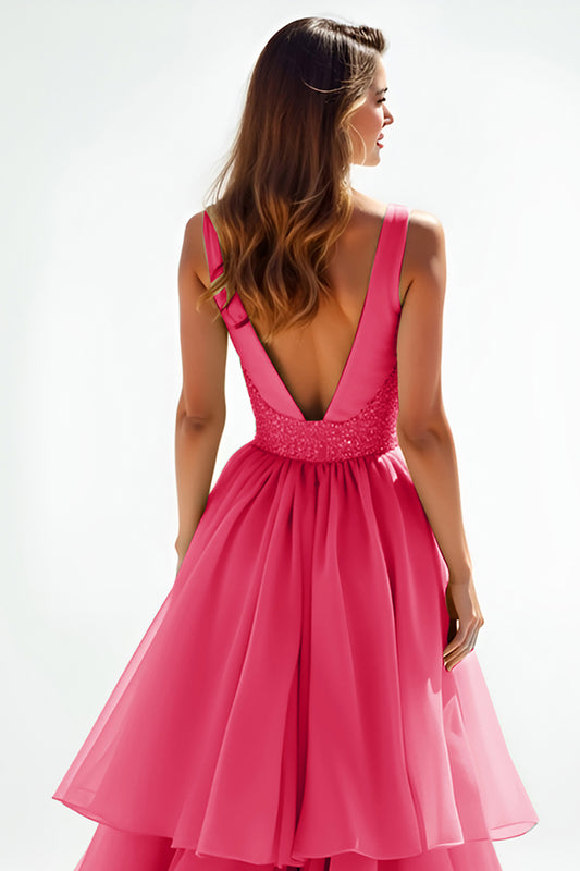 A Line Hot Pink Beaded Tiered Long Prom Dress