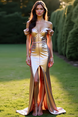 Off the Shoulder Rose Golden Sheath Long Prom Dress with Slit