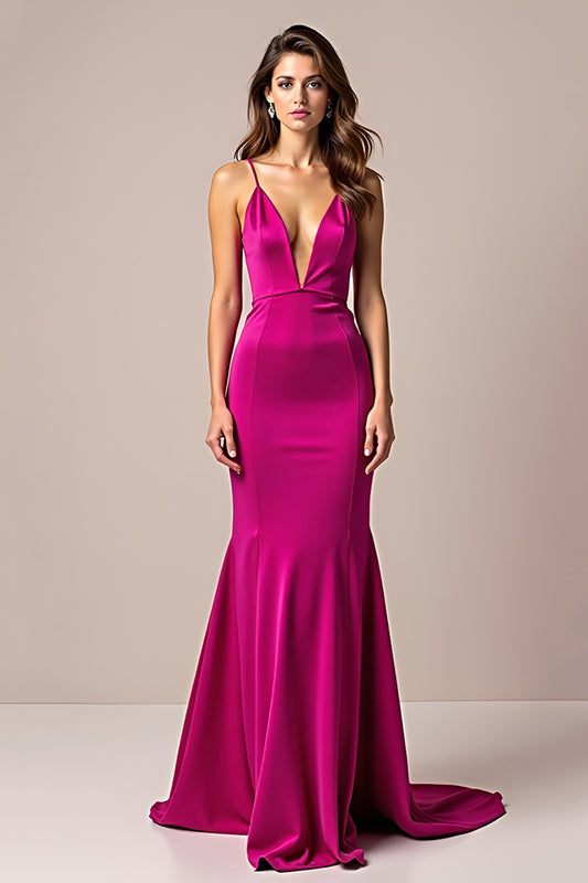 Fuchsia Deep V-Neck Sheath Long Prom Dress