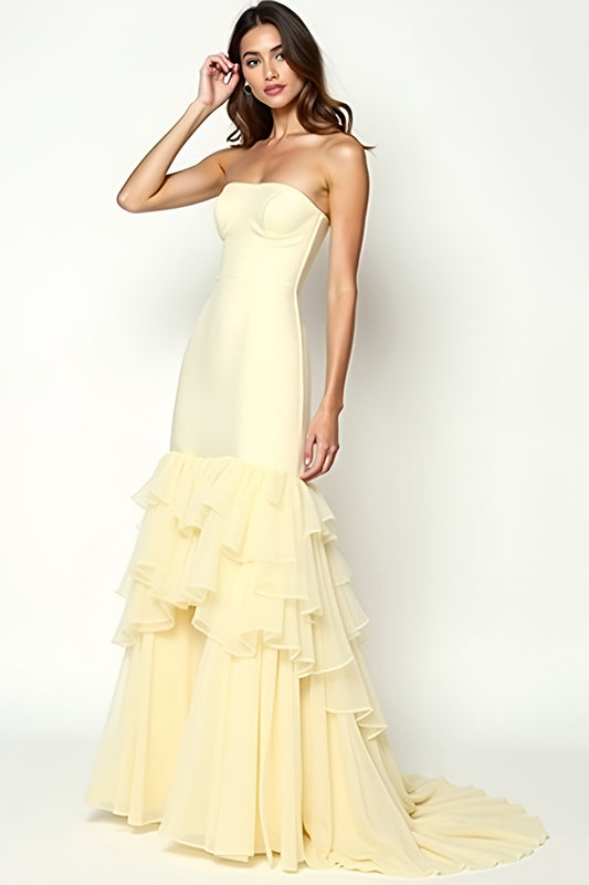 Yellow Square Neck Sheath Long Prom Dress with Ruffles Strapless Biackless Zipper Tiered Formal Dress