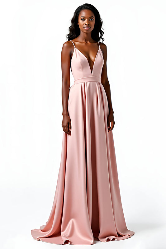 Spaghetti Straps Blush A Line Long Satin Wedding Guest Dress