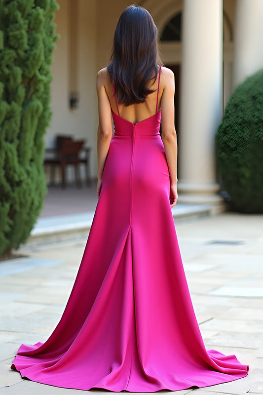 Spaghetti Straps Fuchsia Square Neck Long Prom Dress with Slit