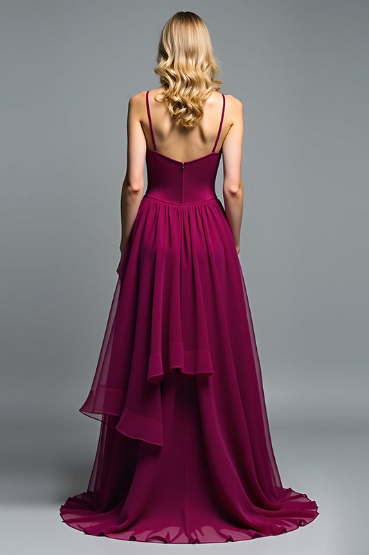 Ruffled Long Dark Purple A Line Chiffon Wedding Guest Dress