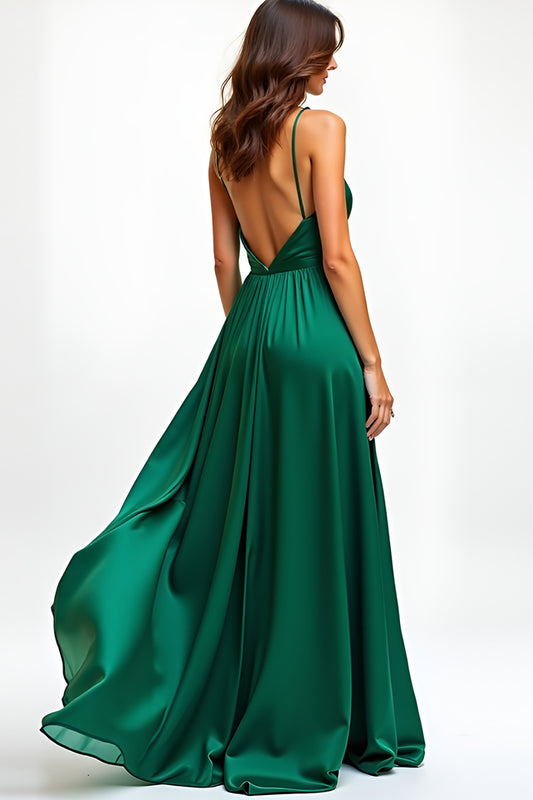 A Line Dark Green Backless Long Prom Dress with Slit