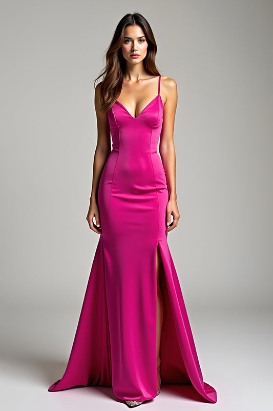 Satin Fuchsia Sheath Long Prom Dress with Slit