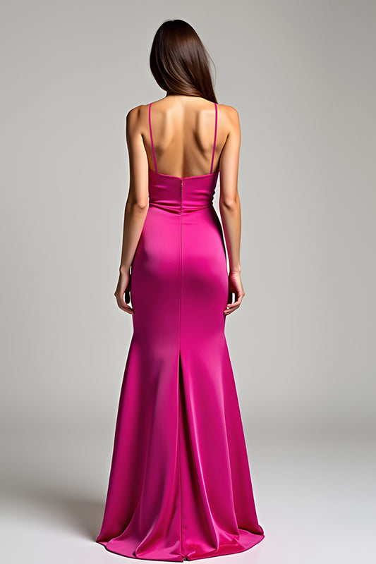 Satin Fuchsia Sheath Long Prom Dress with Slit