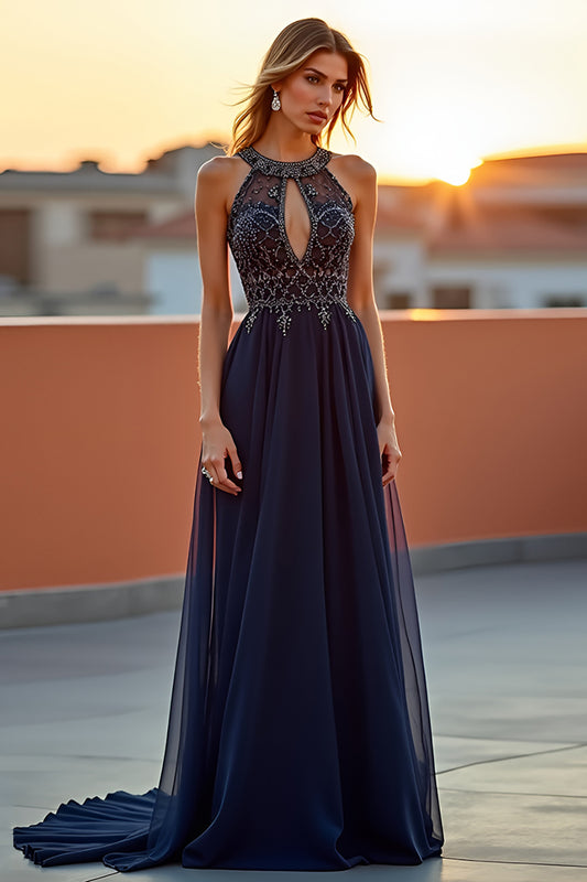 Beaded Embroidery Navy Halter Long Formal Dress