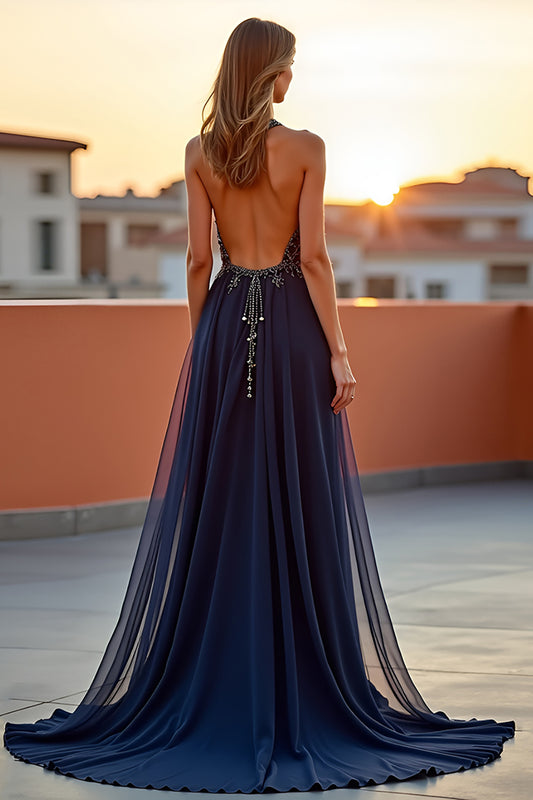 Beaded Embroidery Navy Halter Long Formal Dress