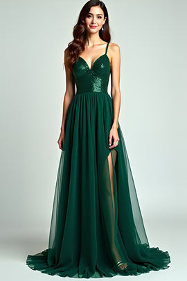 A Line Dark Green Spaghetti Straps Long Formal Dress with Slit