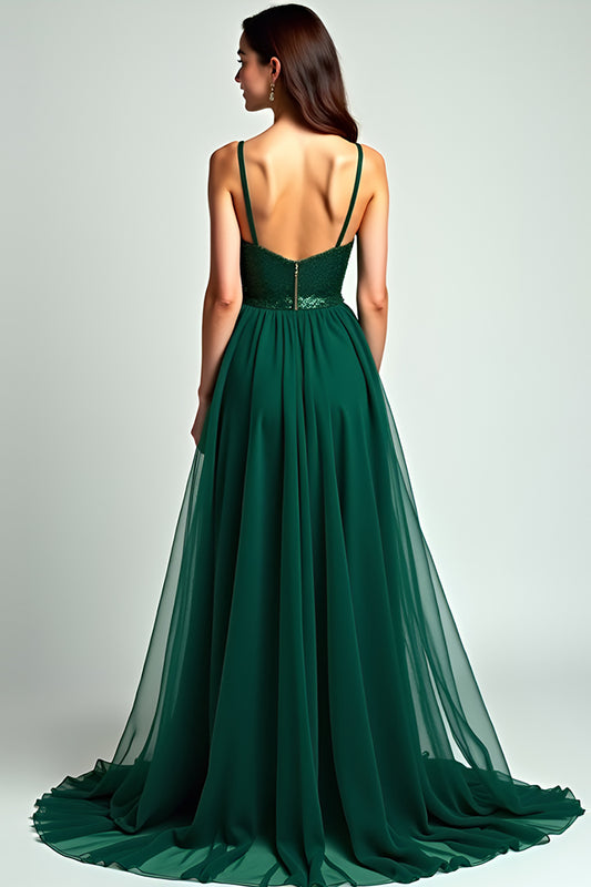 A Line Dark Green Spaghetti Straps Long Formal Dress with Slit