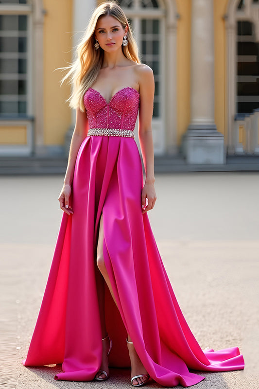 Sparkly Fuchsia Beaded A Line Long Prom Dress with Slit