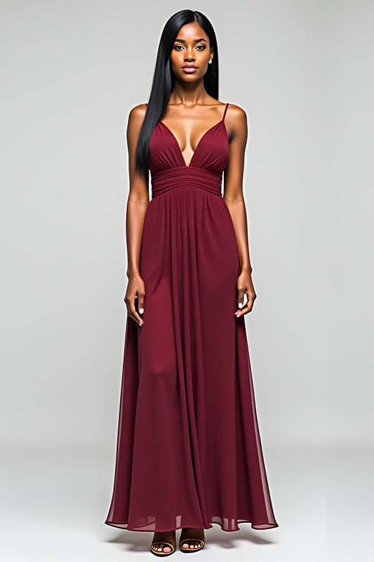Long Chiffon Burgundy Elegant A Line Bridesmaid Dress
