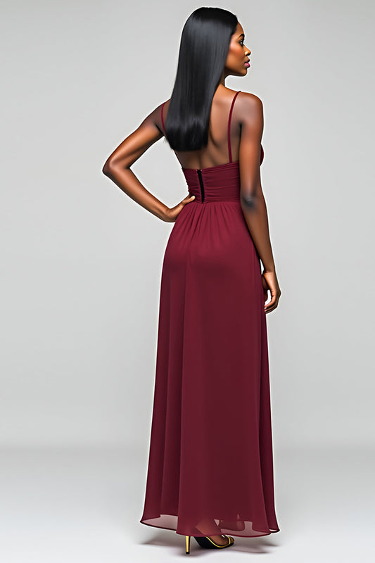 Long Chiffon Burgundy Elegant A Line Bridesmaid Dress