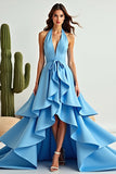 A Line Blue Halter Neck Asymmetrical High-Low Prom Dress with Ruffles A Line Blue Halter Neck Asymmetrical High-Low Prom Dress with Ruffles