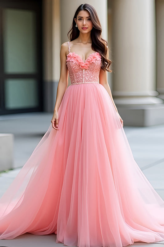Floral Pink A Line Long Prom Dress with Beading