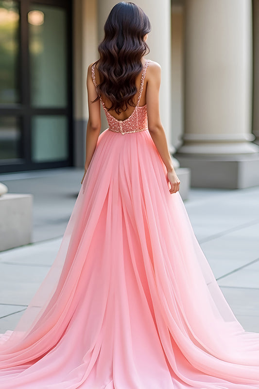 Floral Pink A Line Long Prom Dress with Beading