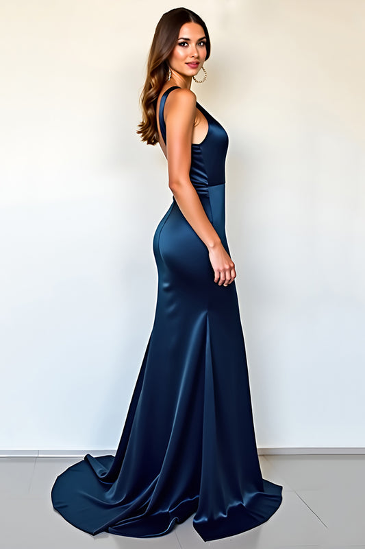 Navy Deep V-Neck Satin Long Formal Dress with Slit