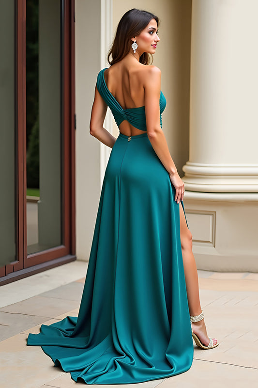 One Shoulder Peacock Green Satin Long Prom Dress with Slit
