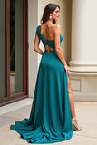 One Shoulder Peacock Green Satin Long Prom Dress with Slit One Shoulder Peacock Green Satin Long Prom Dress with Slit