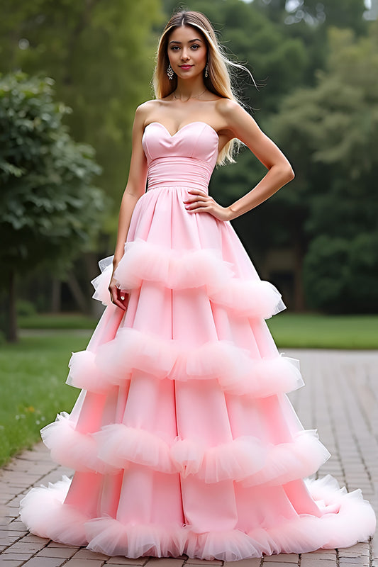 Ball Gown Pink Sweetheart Tiered Long Prom Dress