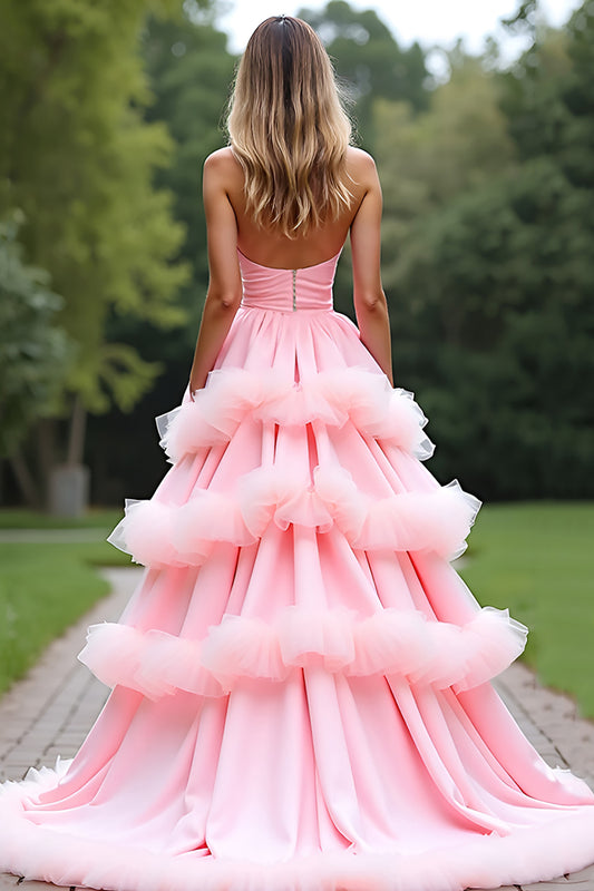Ball Gown Pink Sweetheart Tiered Long Prom Dress