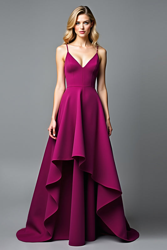 A Line V-Neck Dark Purple Satin Long Formal Dress with Ruffles