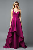 A Line V-Neck Dark Purple Satin Long Formal Dress with Ruffles A Line V-Neck Dark Purple Satin Long Formal Dress with Ruffles