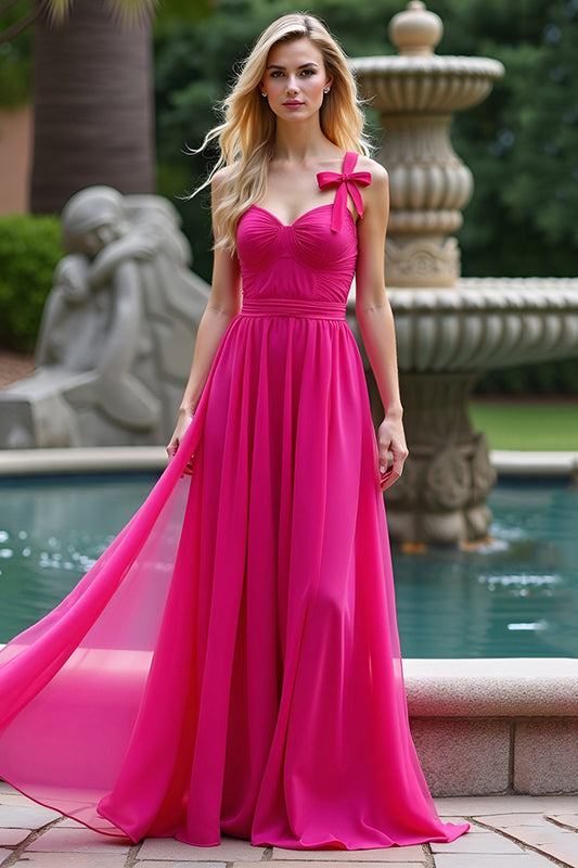 A Line Fuchsia Chiffon Sweetheart Long Prom Dress