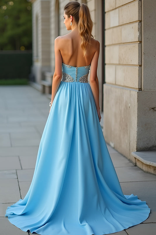 Beaded Blue A Line Chiffon Long Prom Dress with Slit
