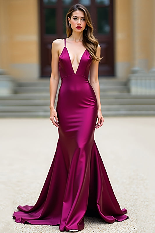 Satin Dark Purple Spaghetti Straps Long Prom Dress