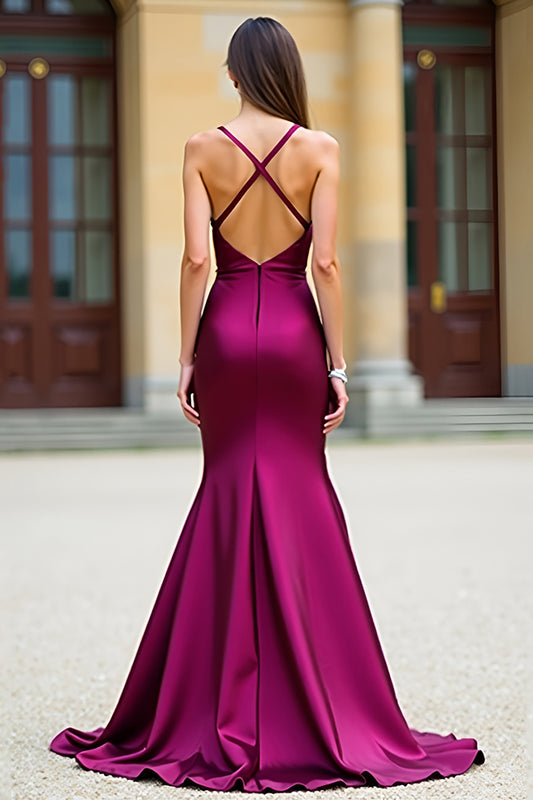 Satin Dark Purple Spaghetti Straps Long Prom Dress