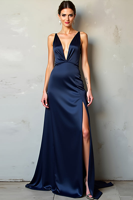 Satin Navy Deep V-Neck Long Formal Dress with Slit