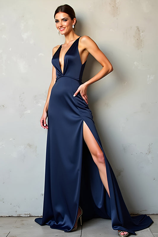 Satin Navy Deep V-Neck Long Formal Dress with Slit
