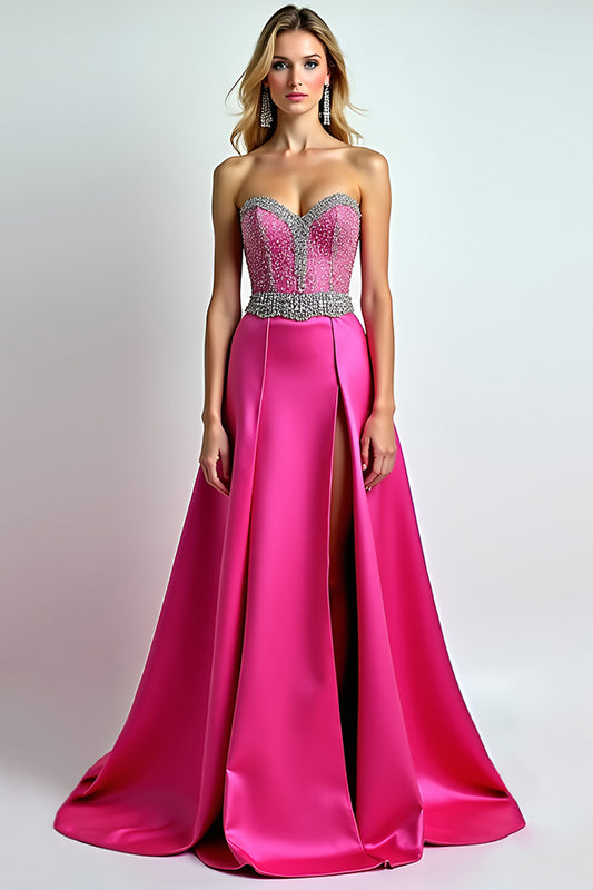 Beaded Fuchsia Sweetheart A Line Long Prom Dress with Slit