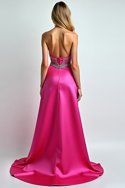 Beaded Fuchsia Sweetheart A Line Long Prom Dress with Slit