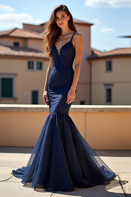 Lace Navy Spaghetti Straps Long Prom Dress