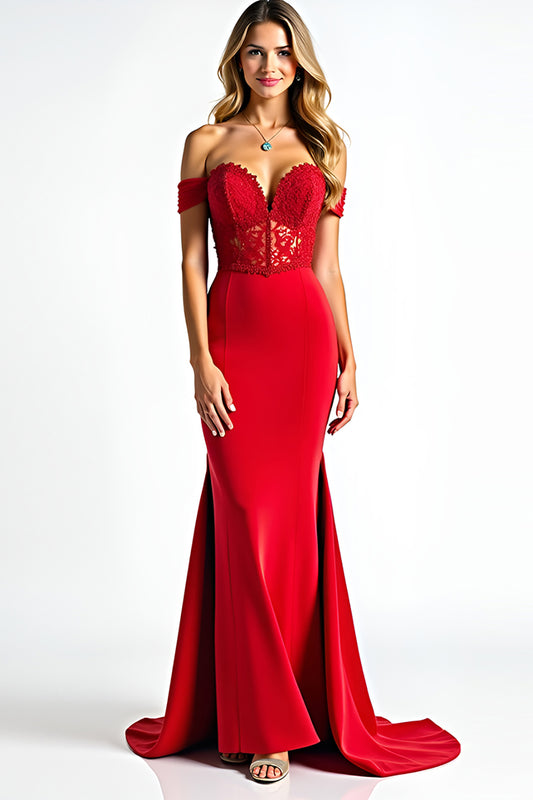 Lace Sheath Red Off the Shoulder Long Prom Dress