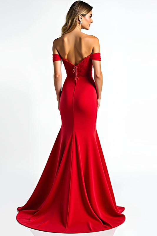 Lace Sheath Red Off the Shoulder Long Prom Dress