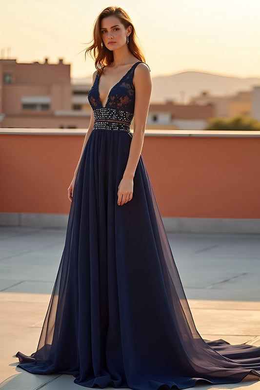 A Line Navy Backless V-Neck Long Formal Dress