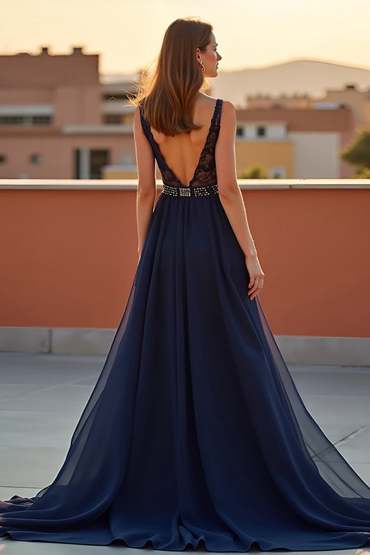 A Line Navy Backless V-Neck Long Formal Dress
